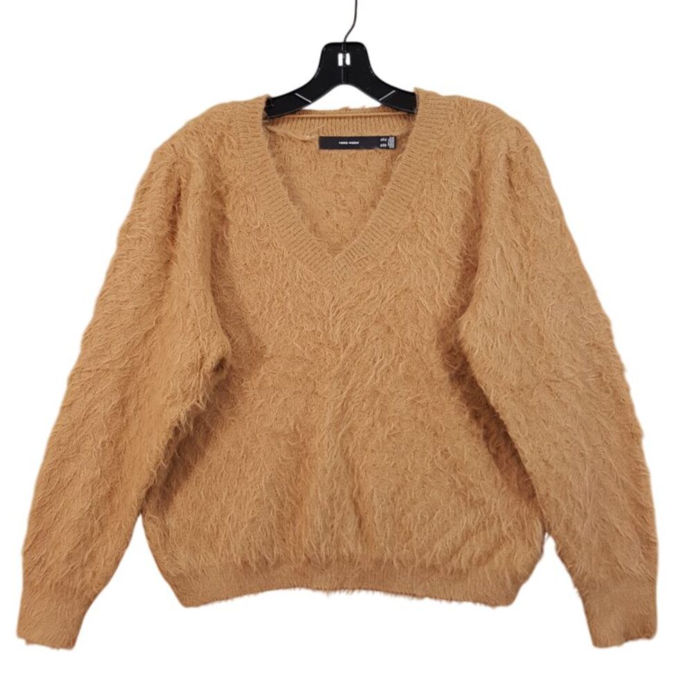 VERO MODA Sweater Womens XL Tan Pullover V-Neck Fuzzy Eyelash Chunky Knit